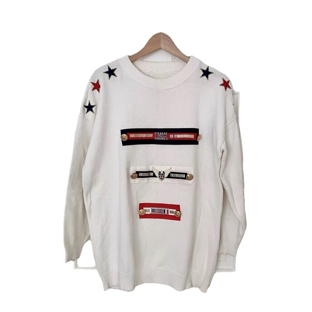 Vintage 1990s Sz L Americana USA Flag Patriotic Grandma Crewneck Sweater
